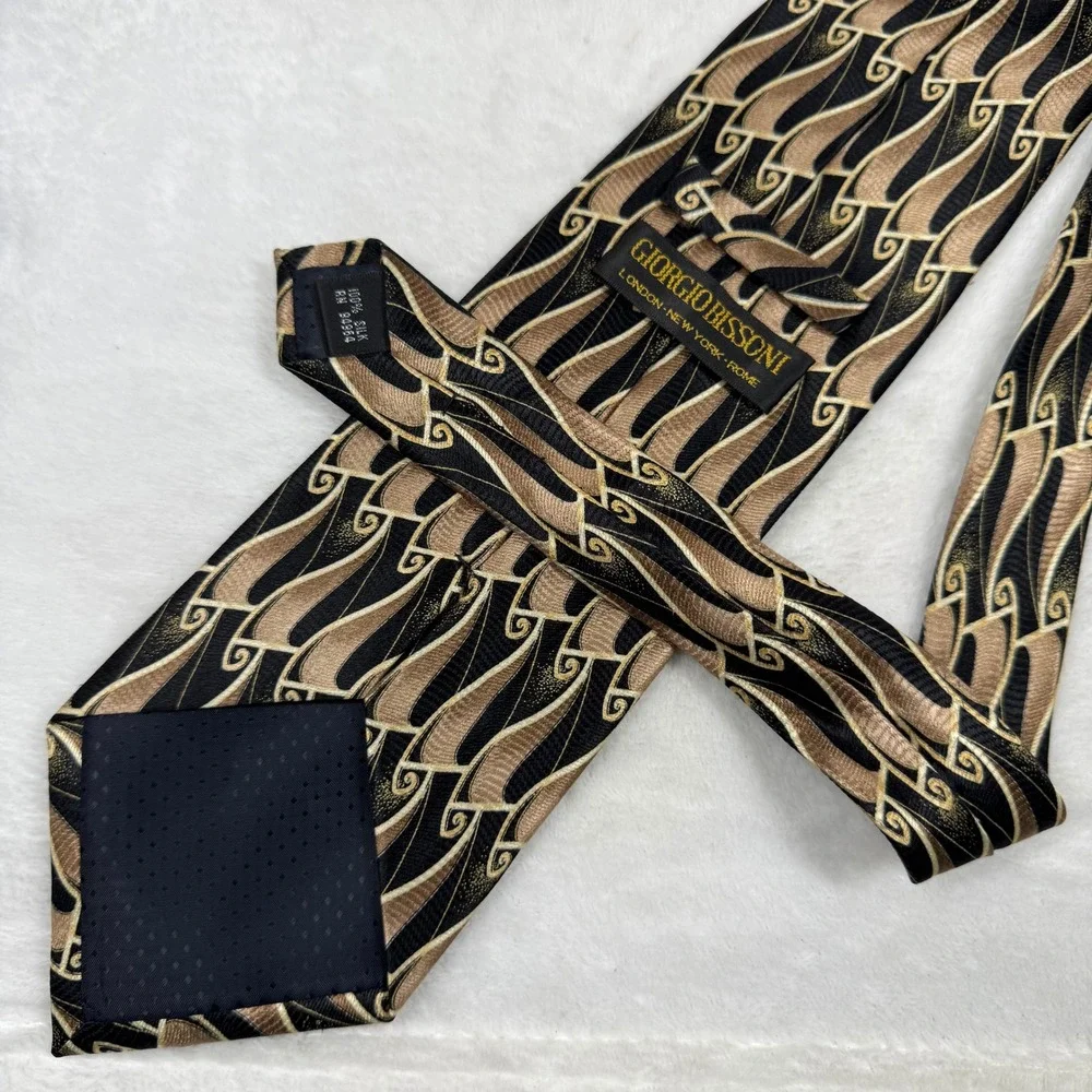 Giorgio Bissoni Mens Silk Tie Black Gold Bronze Abstract Art Deco Geometric 8223